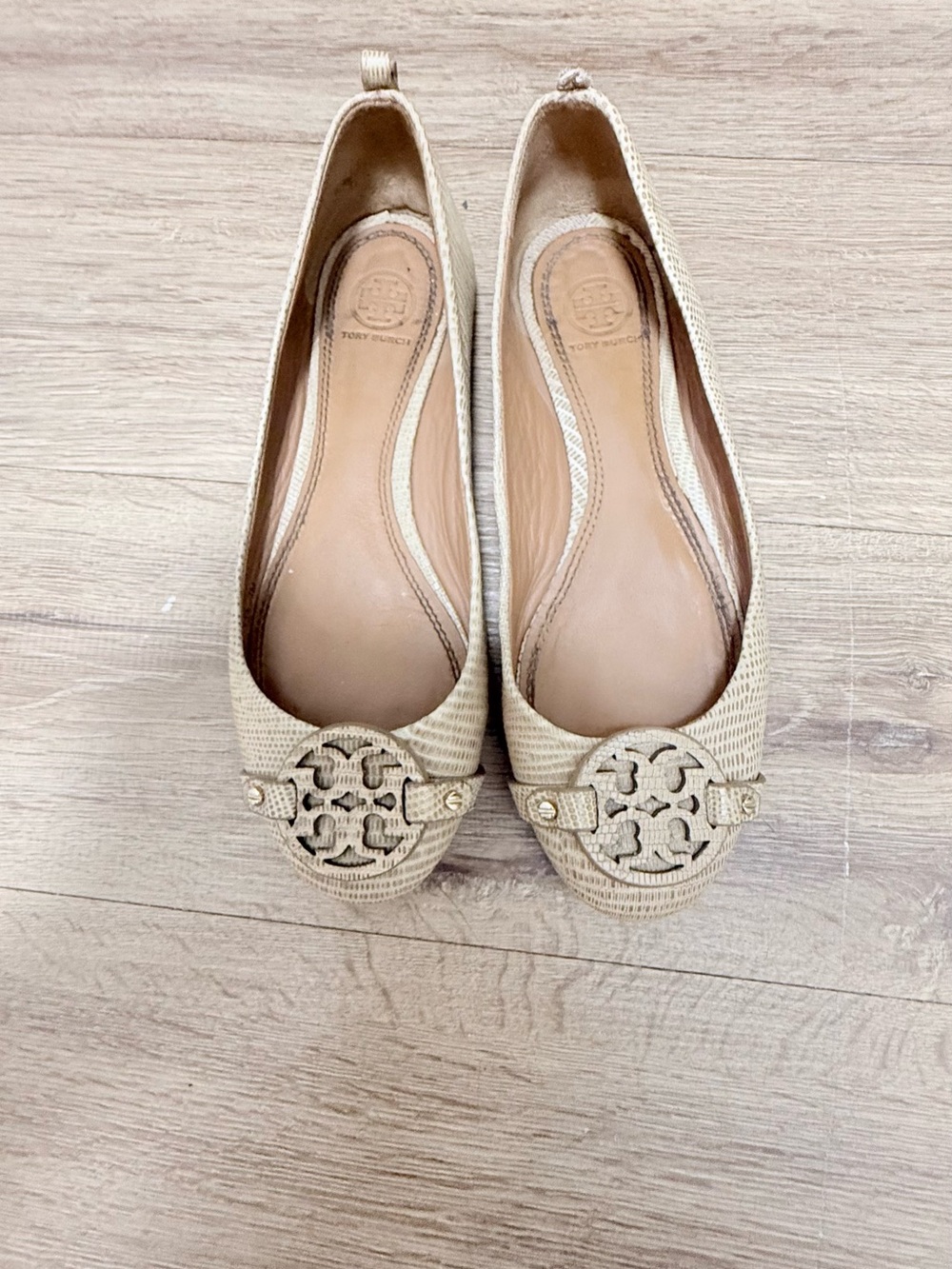 Tory Burch Neutral Beige Woven Logo Ballet Flats